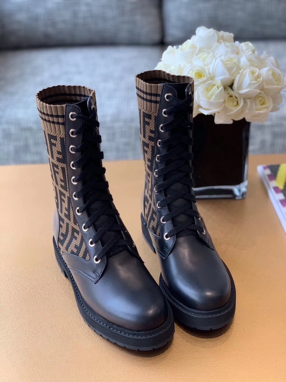 Fendi FF Logo Rockoko Chelsea Sock Combat Lace Up Ankle Boots Jacquard Stretch-Knit And Leather Calfskin Leather Fall/Winter Collection Black/Brown