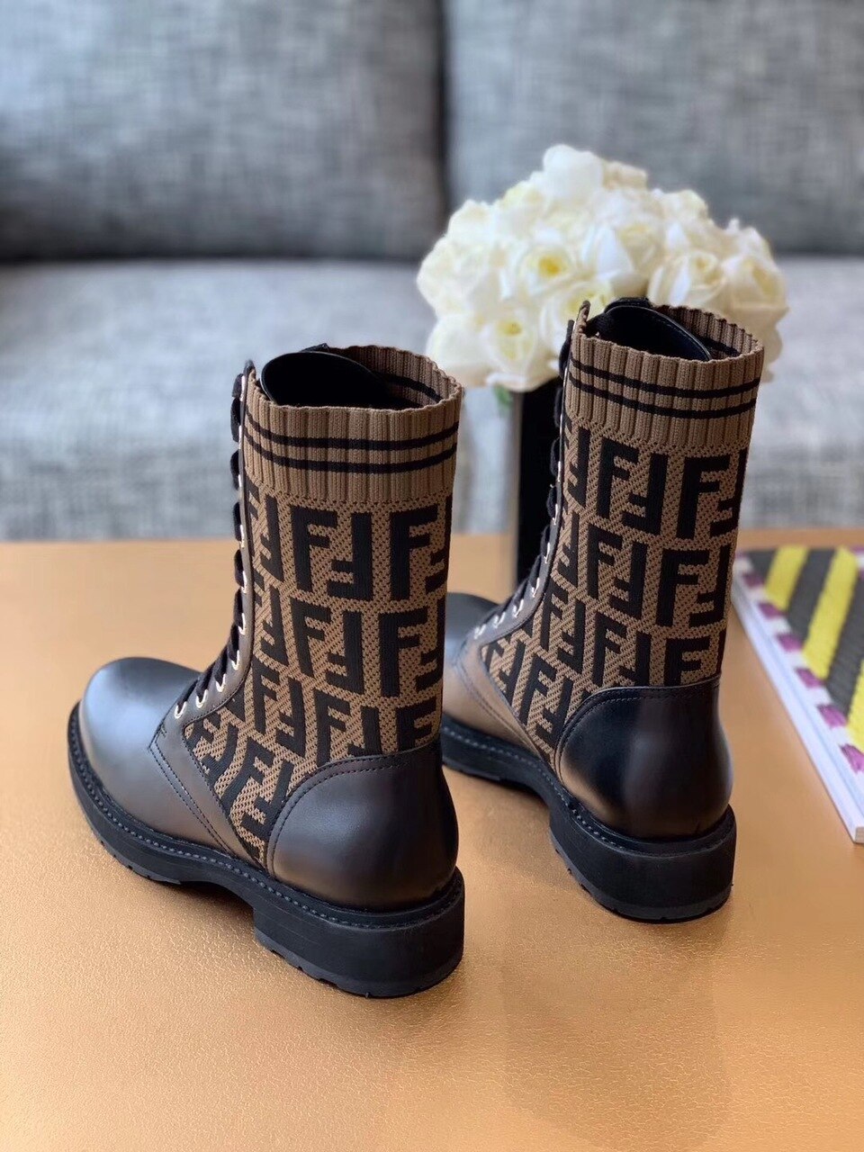 Fendi FF Logo Rockoko Chelsea Sock Combat Lace Up Ankle Boots Jacquard Stretch-Knit And Leather Calfskin Leather Fall/Winter Collection Black/Brown