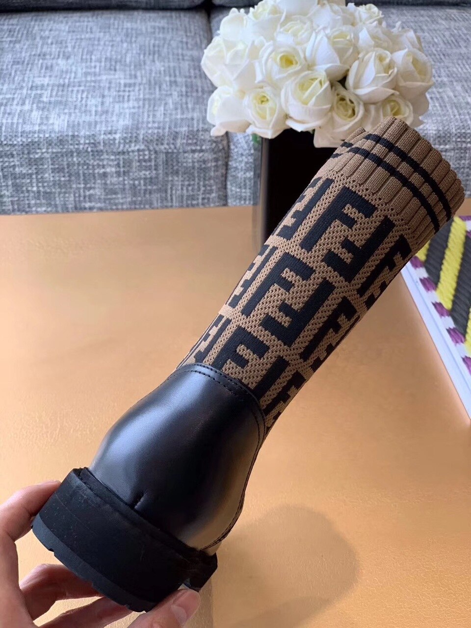 Fendi FF Logo Rockoko Chelsea Sock Combat Lace Up Ankle Boots Jacquard Stretch-Knit And Leather Calfskin Leather Fall/Winter Collection Black/Brown