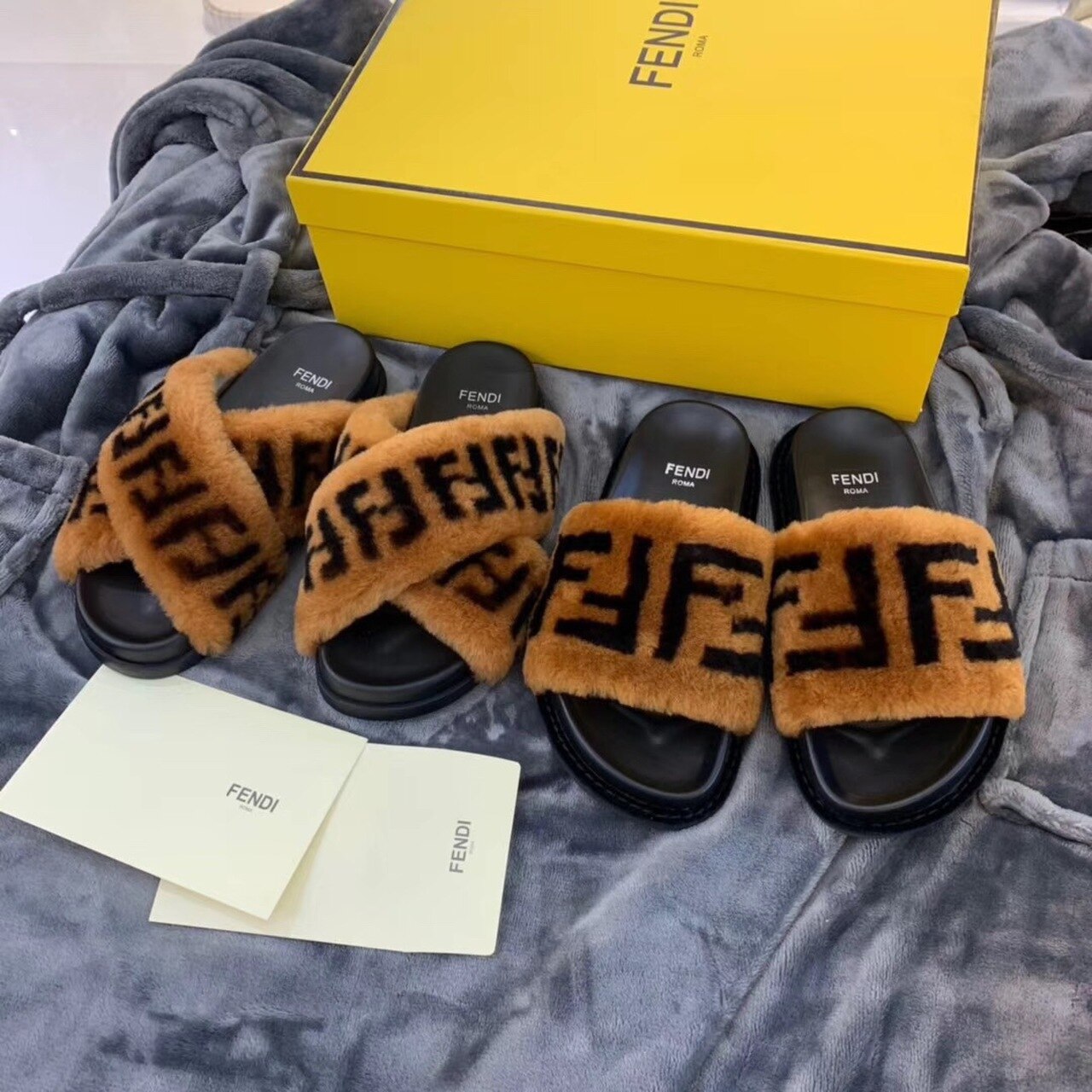 Fendi Shearling FF Logo Leather & Dyed Shearling Fur Cross Slides Fall/Winter 2019 Collection, Black/Brown