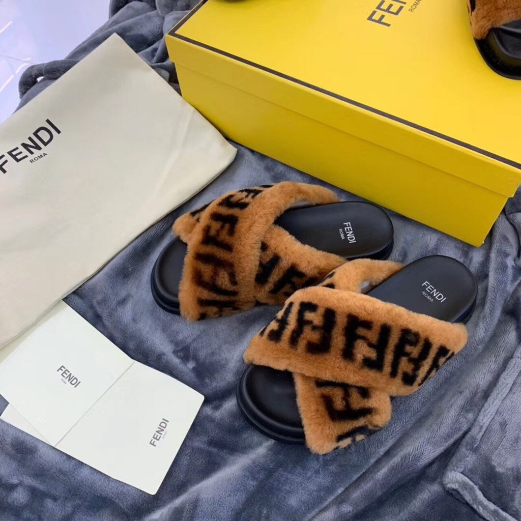 Fendi Shearling FF Logo Leather & Dyed Shearling Fur Cross Slides Fall/Winter 2019 Collection, Black/Brown