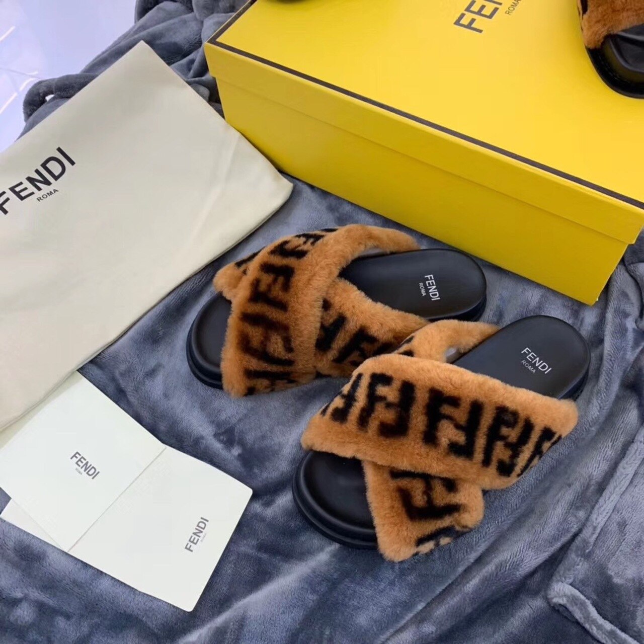 Fendi Shearling FF Logo Leather & Dyed Shearling Fur Cross Slides Fall/Winter 2019 Collection, Black/Brown
