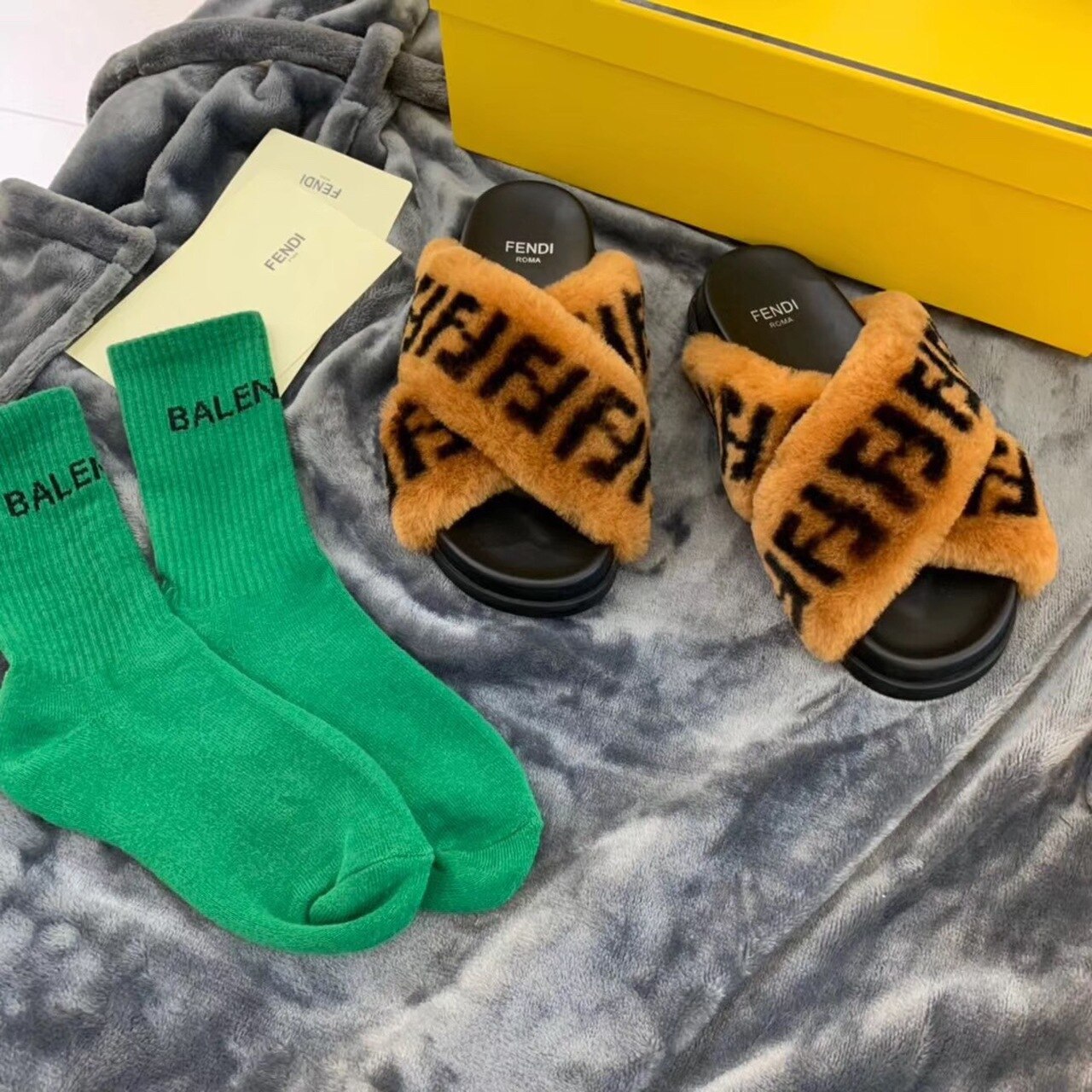 Fendi Shearling FF Logo Leather & Dyed Shearling Fur Cross Slides Fall/Winter 2019 Collection, Black/Brown