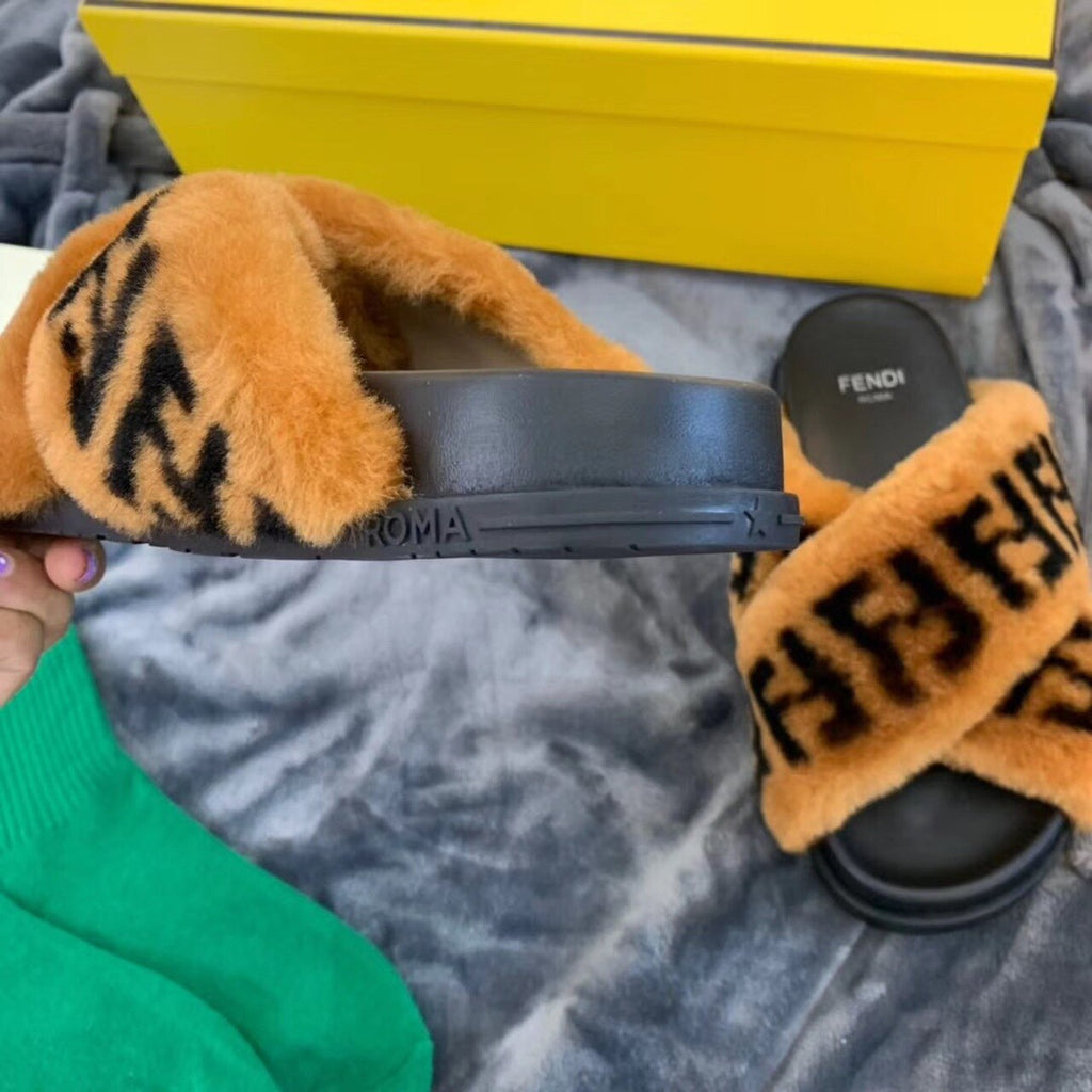 Fendi Shearling FF Logo Leather & Dyed Shearling Fur Cross Slides Fall/Winter 2019 Collection, Black/Brown