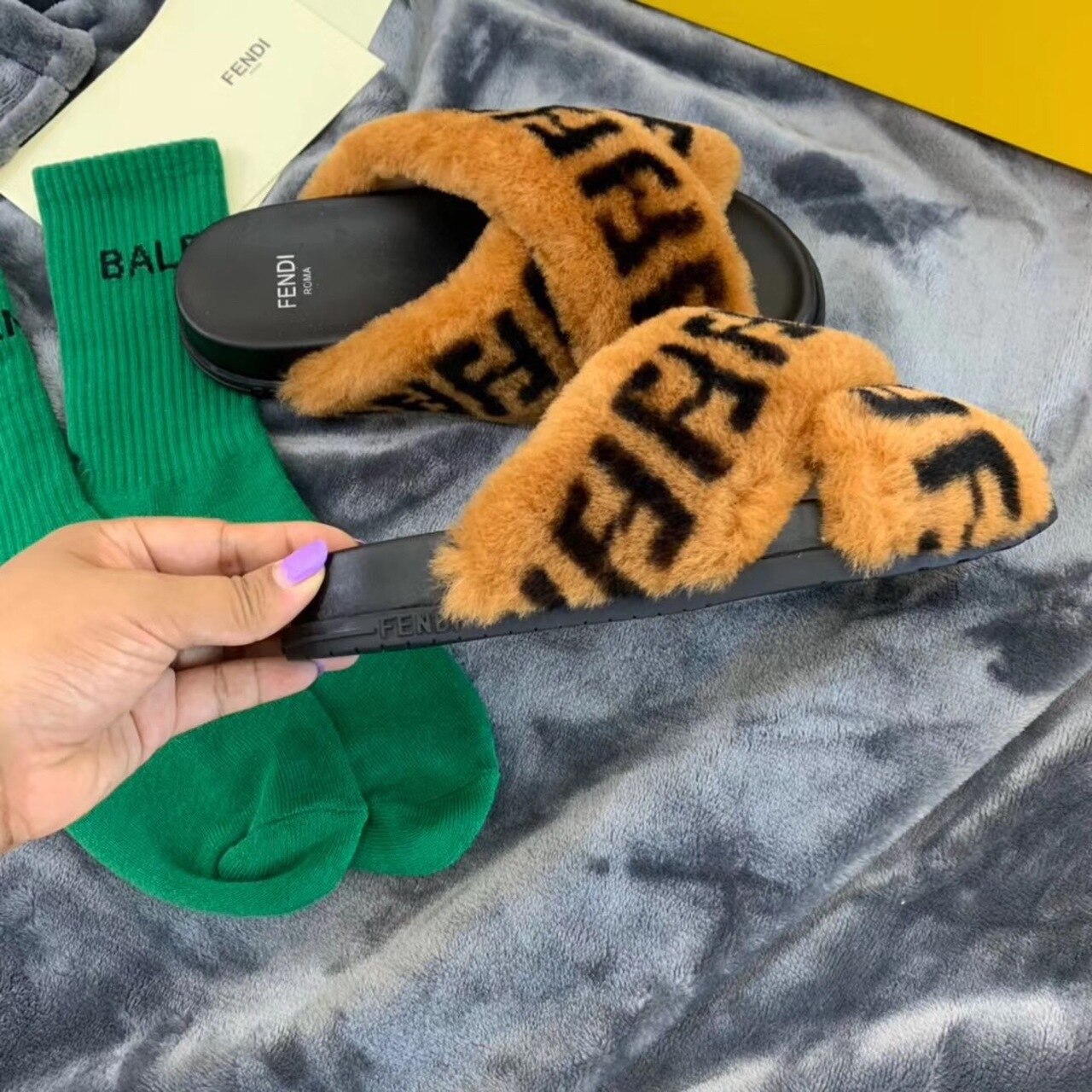 Fendi Shearling FF Logo Leather & Dyed Shearling Fur Cross Slides Fall/Winter 2019 Collection, Black/Brown