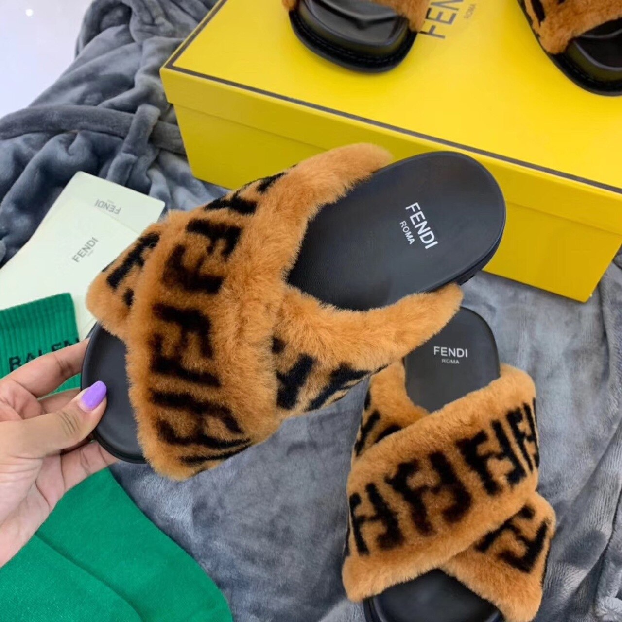 Fendi Shearling FF Logo Leather & Dyed Shearling Fur Cross Slides Fall/Winter 2019 Collection, Black/Brown