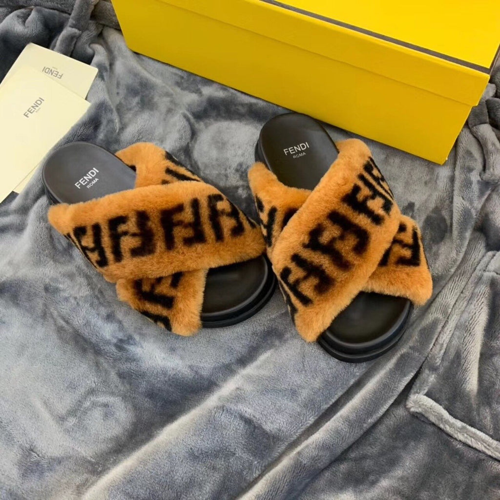 Fendi Shearling FF Logo Leather & Dyed Shearling Fur Cross Slides Fall/Winter 2019 Collection, Black/Brown