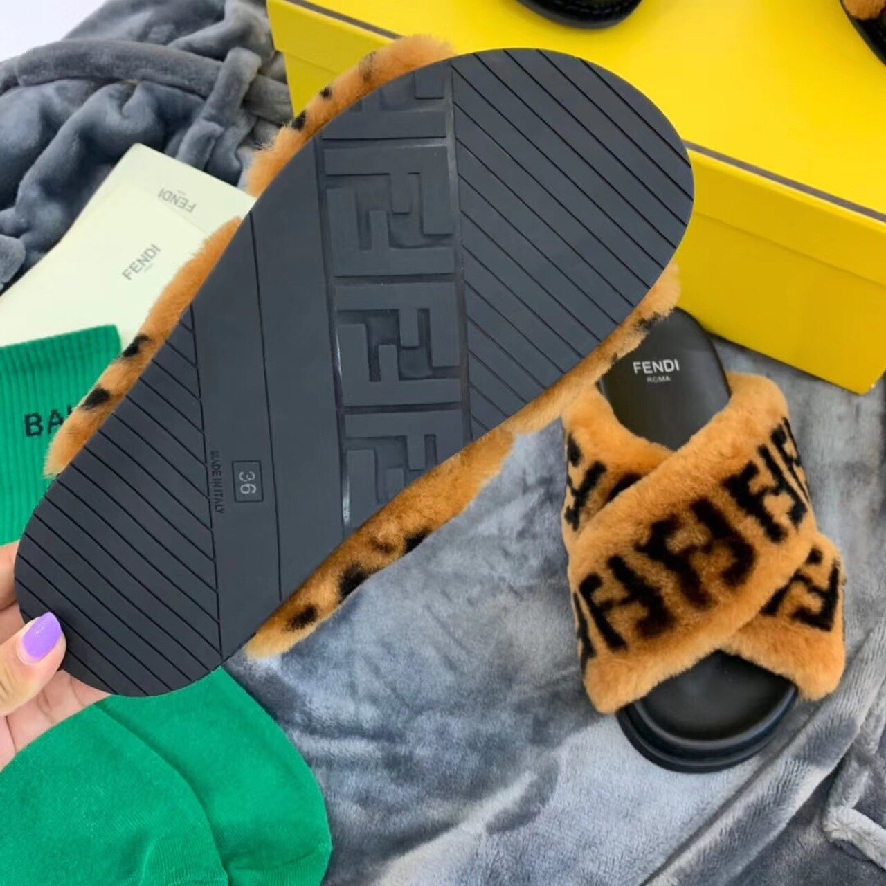 Fendi Shearling FF Logo Leather & Dyed Shearling Fur Cross Slides Fall/Winter 2019 Collection, Black/Brown