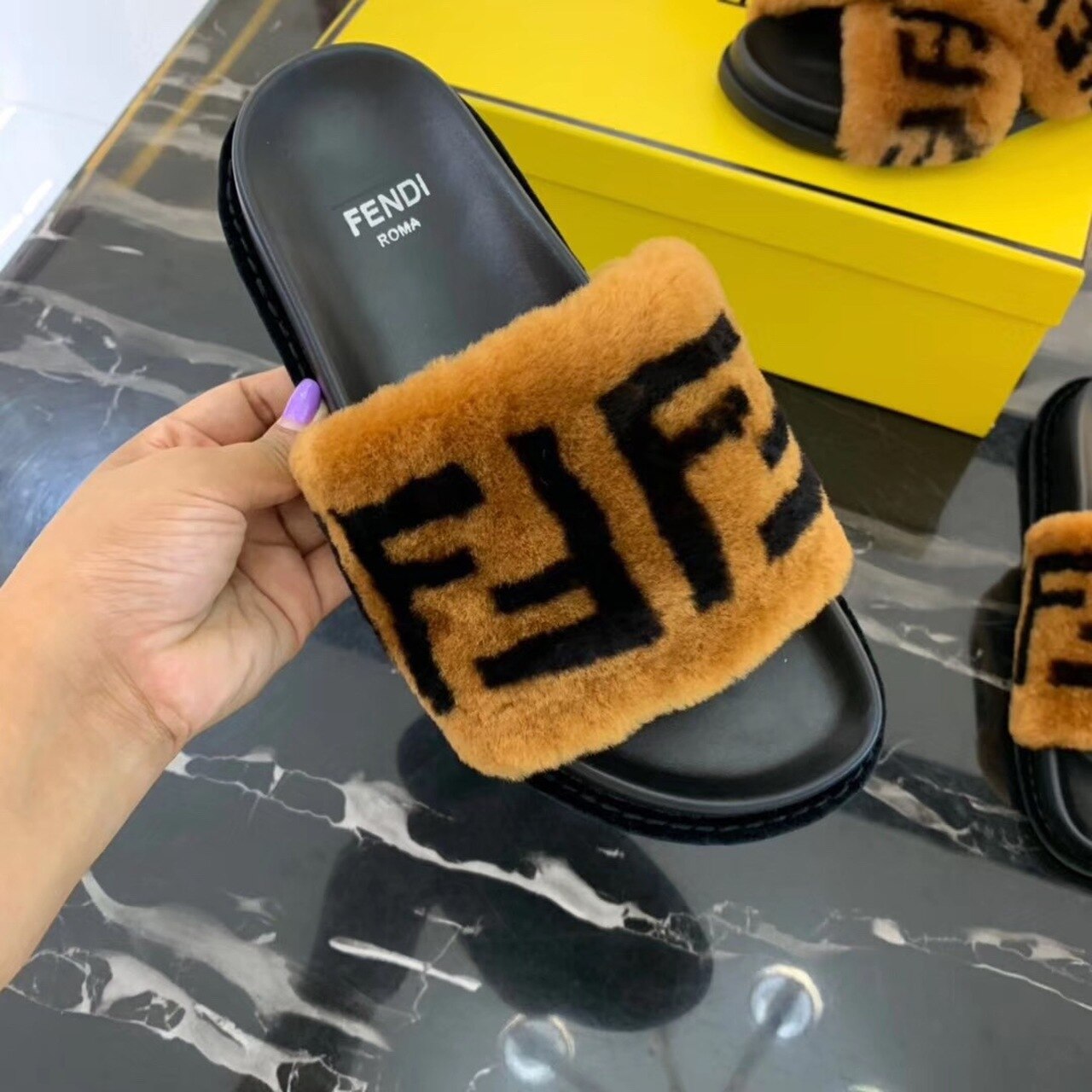 Fendi Shearling FF Logo Leather & Dyed Shearling Fur Slides Fall/Winter 2019 Collection, Black/Brown