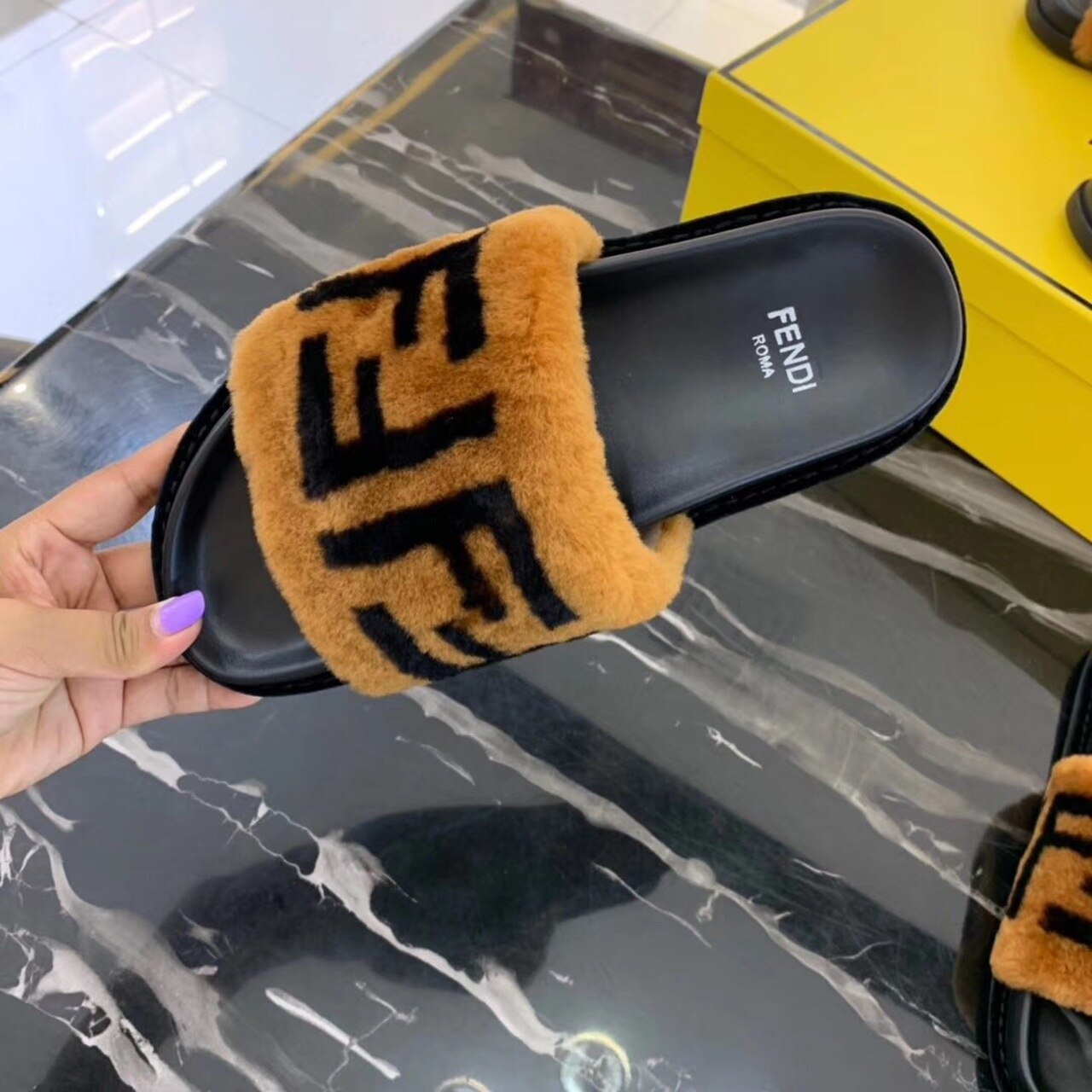Fendi Shearling FF Logo Leather & Dyed Shearling Fur Slides Fall/Winter 2019 Collection, Black/Brown