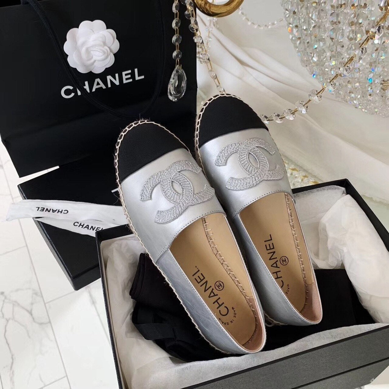 Chanel Espadrilles Calfskin Leather Pre-Fall/Winter Collection Silver/Black