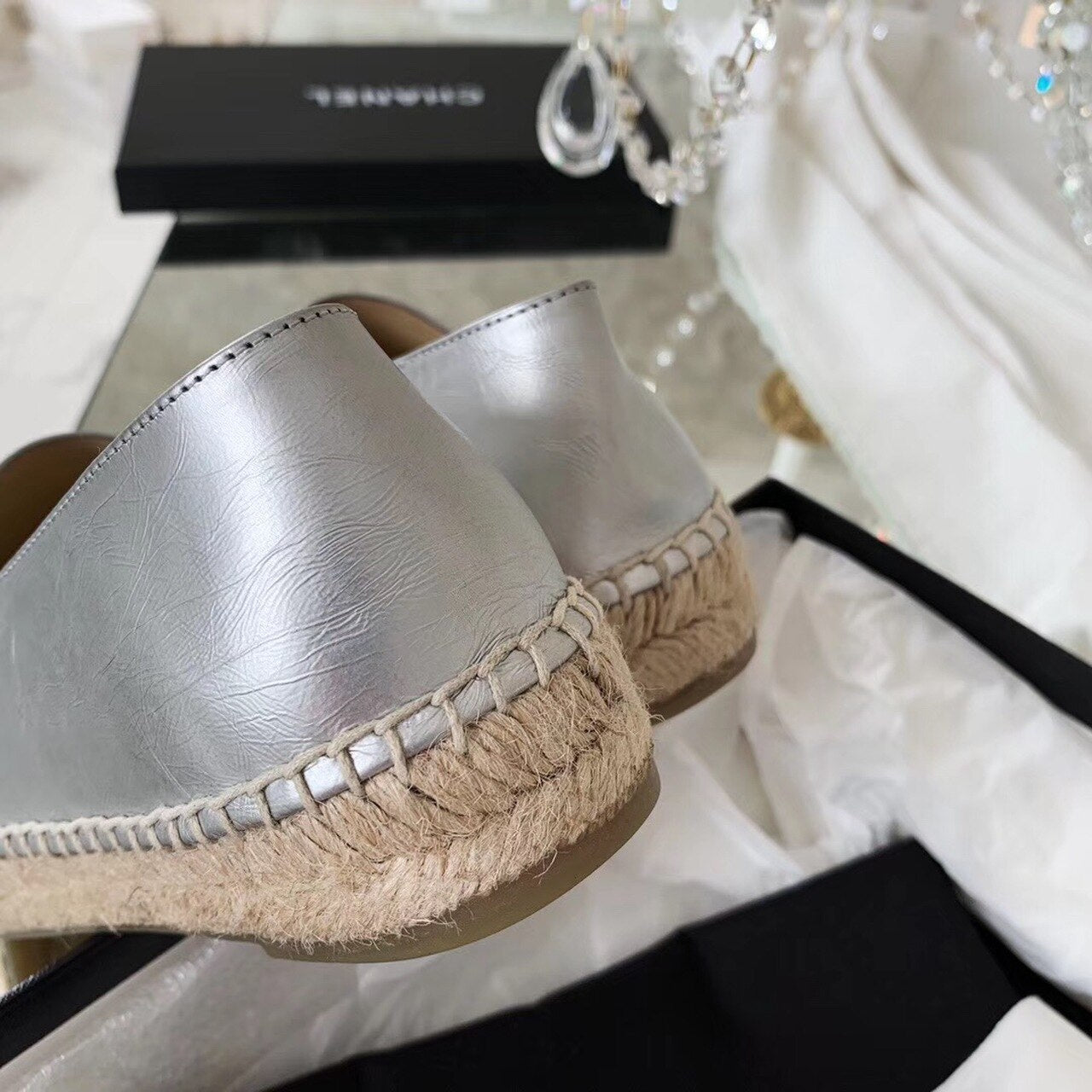 Chanel Espadrilles Calfskin Leather Pre-Fall/Winter Collection Silver/Black