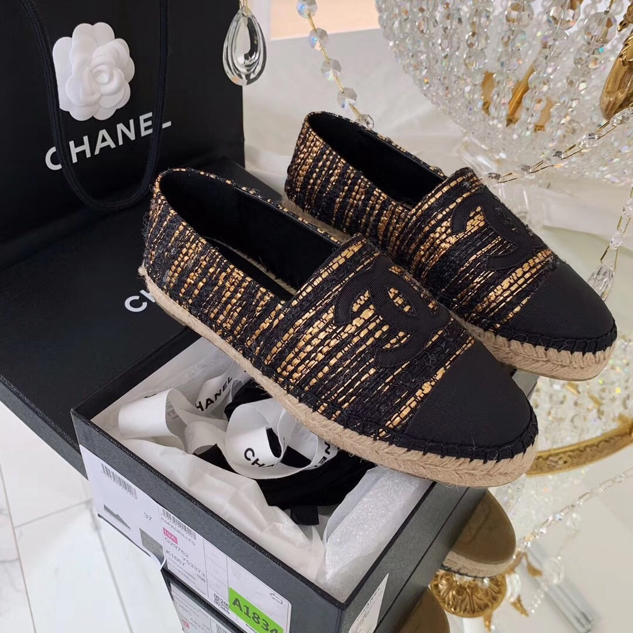 Chanel Espadrilles Tweed & Grosgrain Calfskin Leather Pre-Fall/Winter Collection Black/Gold