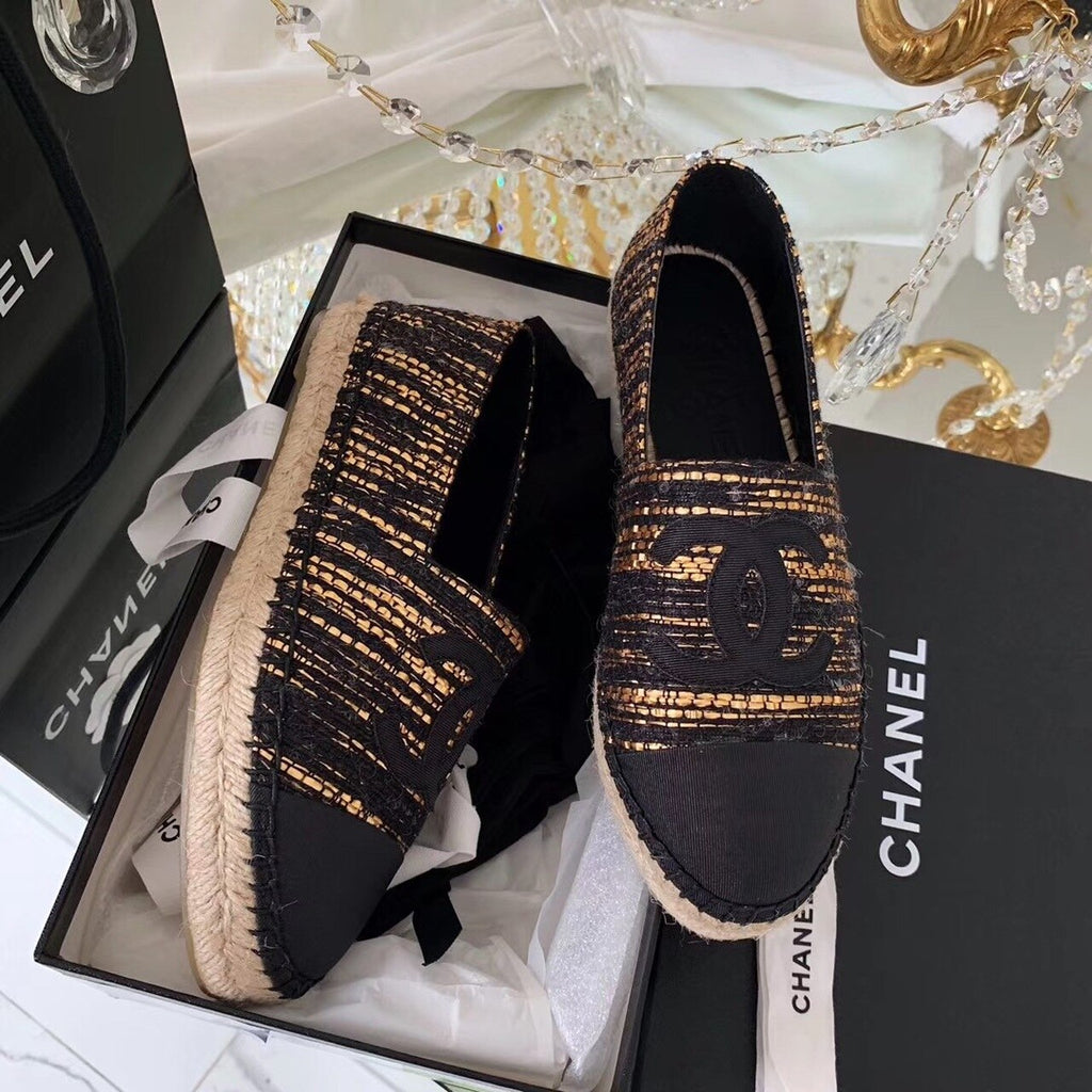 Chanel Espadrilles Tweed & Grosgrain Calfskin Leather Pre-Fall/Winter Collection Black/Gold