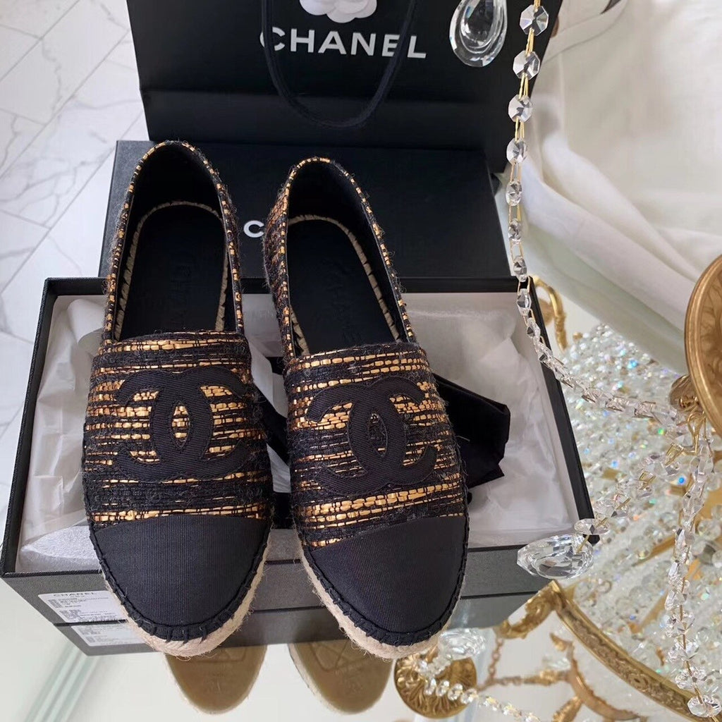 Chanel Espadrilles Tweed & Grosgrain Calfskin Leather Pre-Fall/Winter Collection Black/Gold