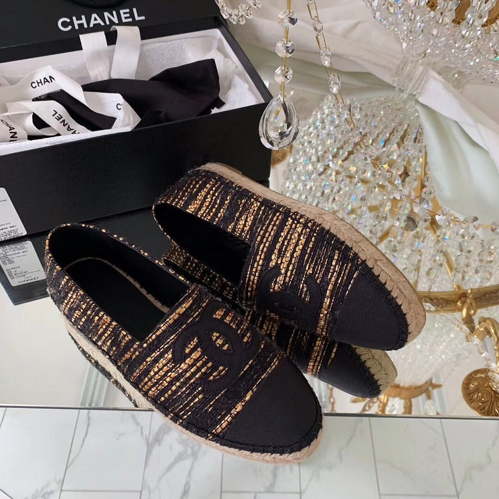 Chanel Espadrilles Tweed & Grosgrain Calfskin Leather Pre-Fall/Winter Collection Black/Gold
