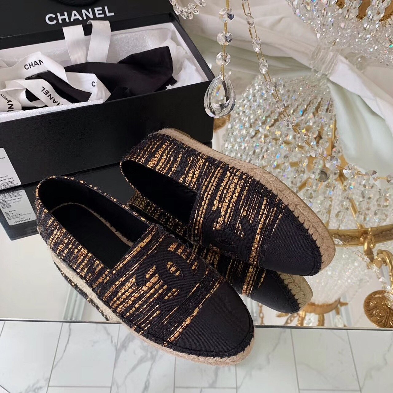 Chanel Espadrilles Tweed & Grosgrain Calfskin Leather Pre-Fall/Winter Collection Black/Gold