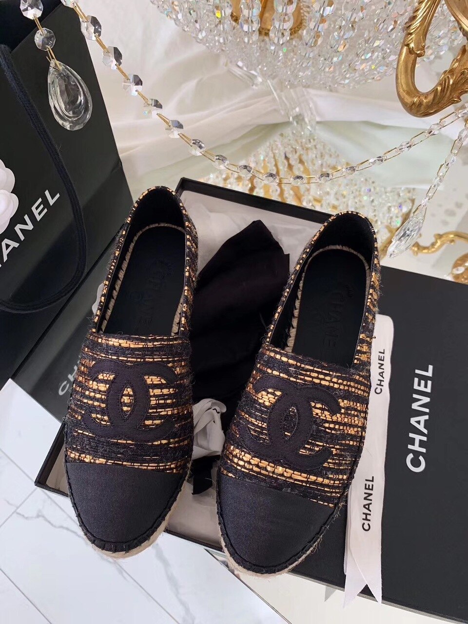 Chanel Espadrilles Tweed & Grosgrain Calfskin Leather Pre-Fall/Winter Collection Black/Gold