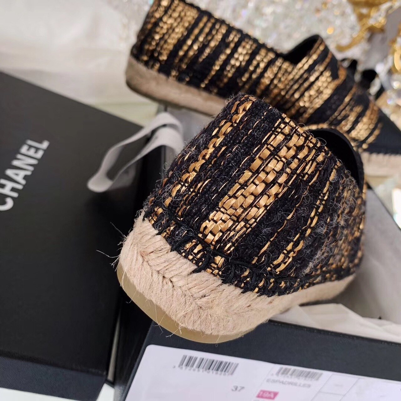 Chanel Espadrilles Tweed & Grosgrain Calfskin Leather Pre-Fall/Winter Collection Black/Gold