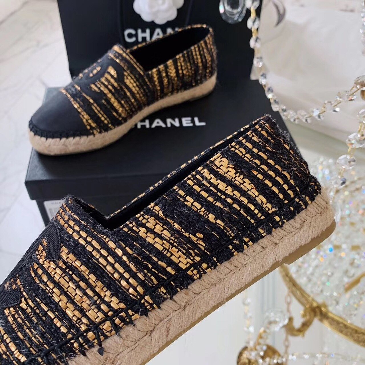 Chanel Espadrilles Tweed & Grosgrain Calfskin Leather Pre-Fall/Winter Collection Black/Gold