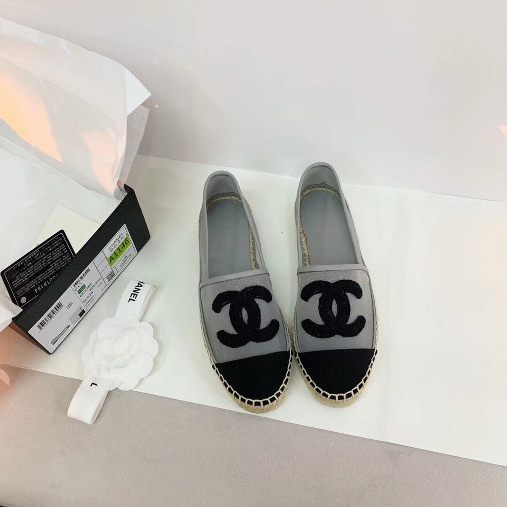 Chanel CC Logo Mesh & Grosgrain Transparent Espadrilles Lambskin Leather Spring/Summer Act 1 Collection Silver/Black