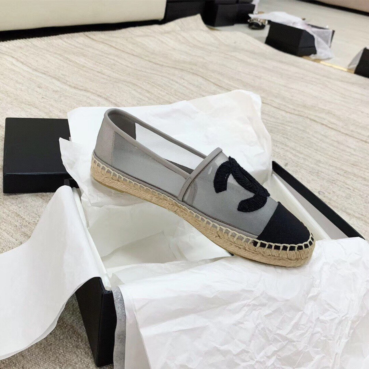 Chanel CC Logo Mesh & Grosgrain Transparent Espadrilles Lambskin Leather Spring/Summer Act 1 Collection Silver/Black