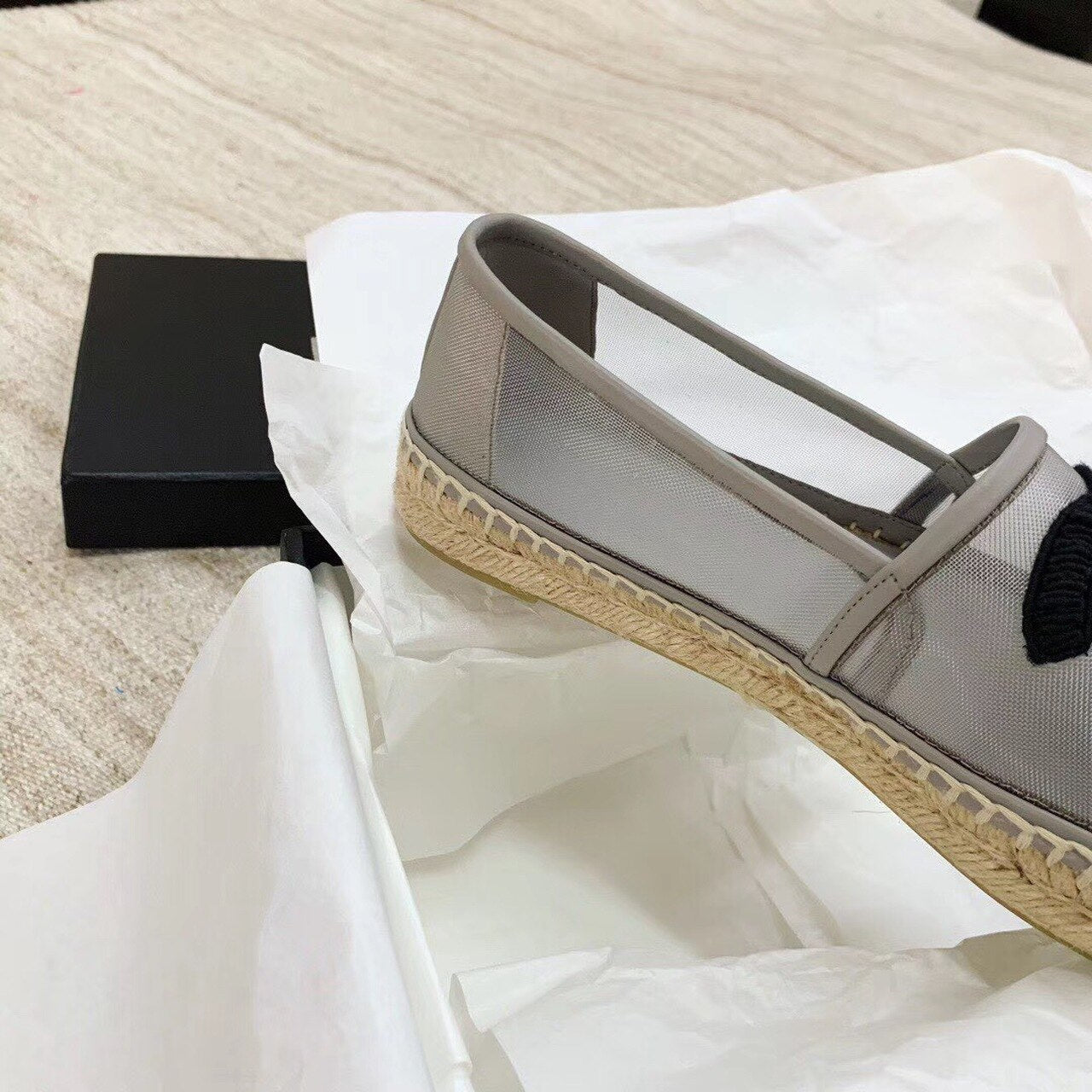 Chanel CC Logo Mesh & Grosgrain Transparent Espadrilles Lambskin Leather Spring/Summer Act 1 Collection Silver/Black