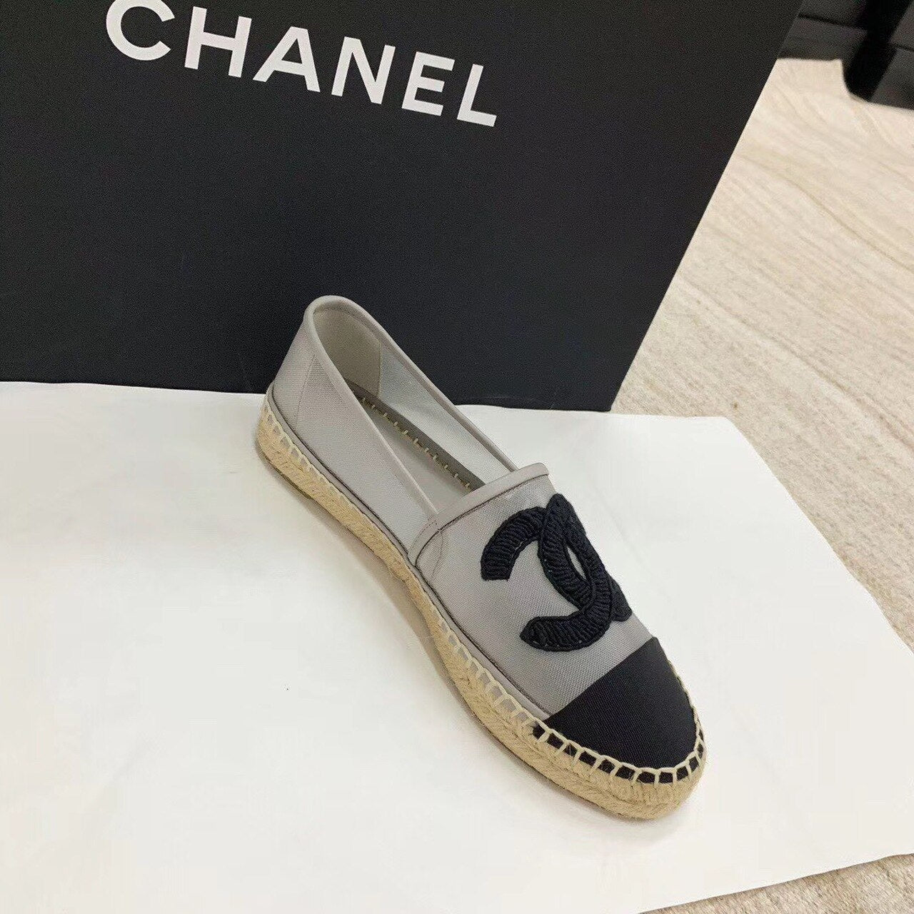 Chanel CC Logo Mesh & Grosgrain Transparent Espadrilles Lambskin Leather Spring/Summer Act 1 Collection Silver/Black