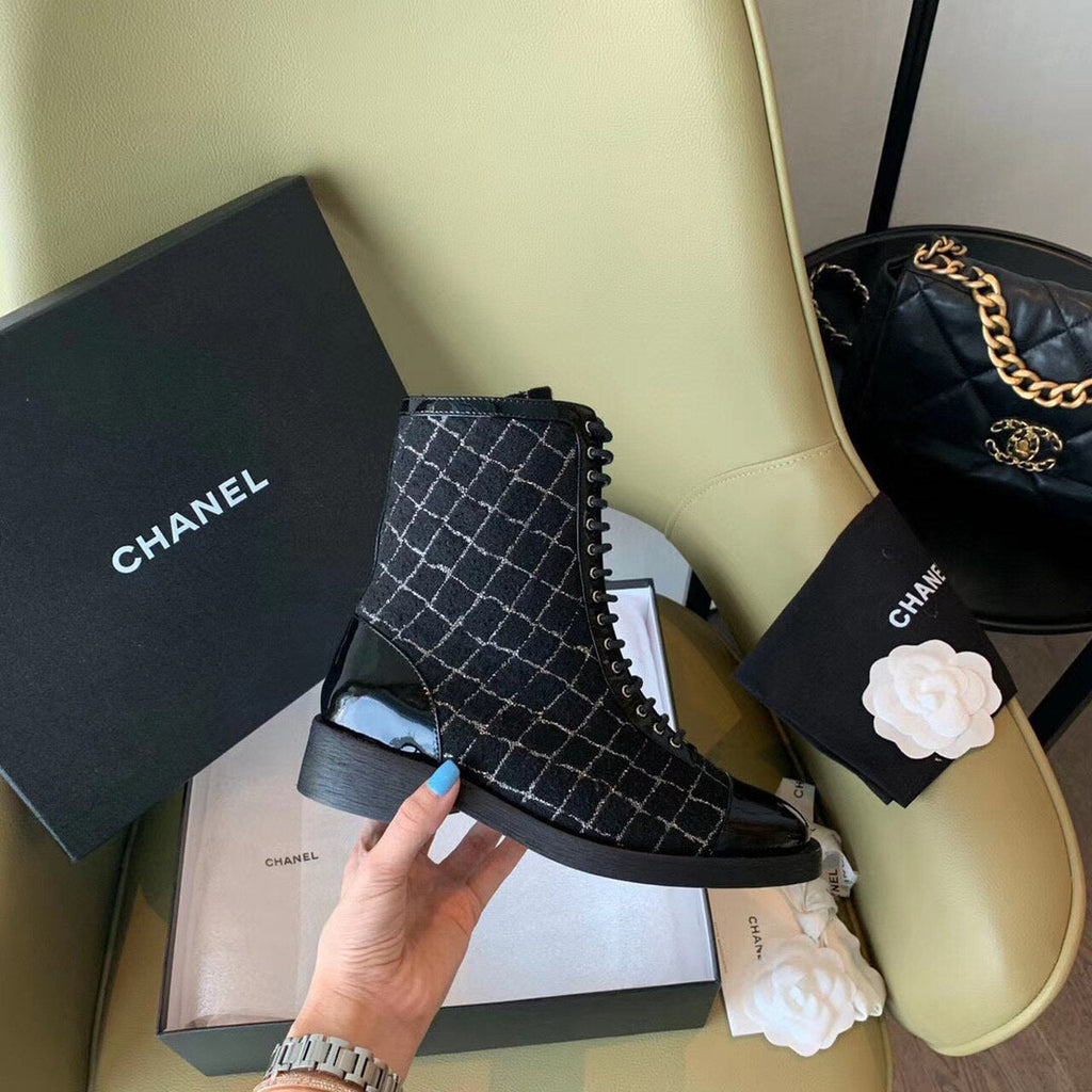 Chanel Tweed Lace Up Combat Boots Calfskin Leather Spring/Summer Collection, Black