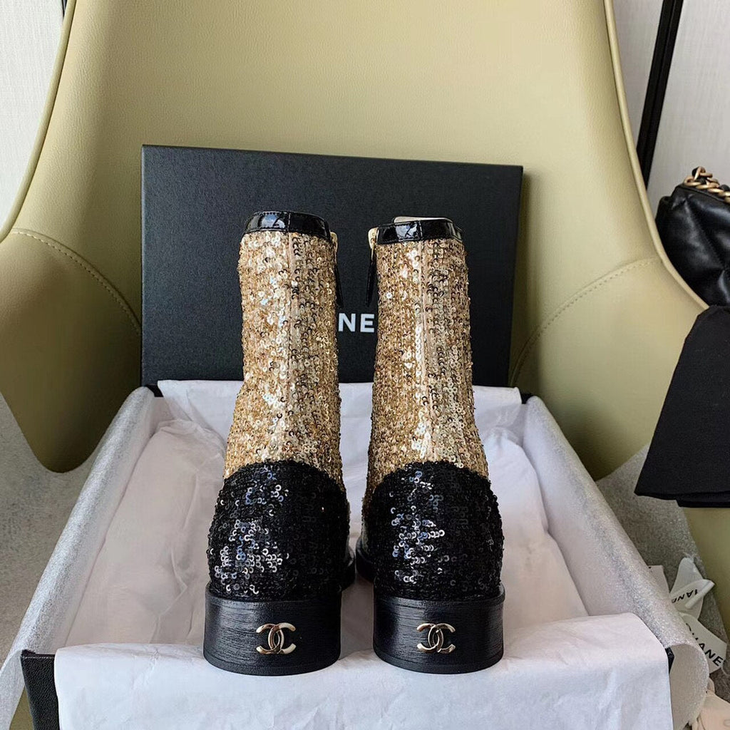 Chanel Sequin/Tweed Lace Up Combat Boots Calfskin Leather Spring/Summer Collection White/Black/Gold