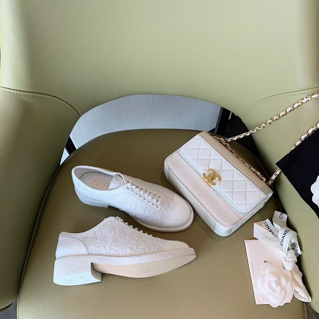 Chanel Tweed Lace Up Shoes Calfskin Leather Spring/Summer Collection White