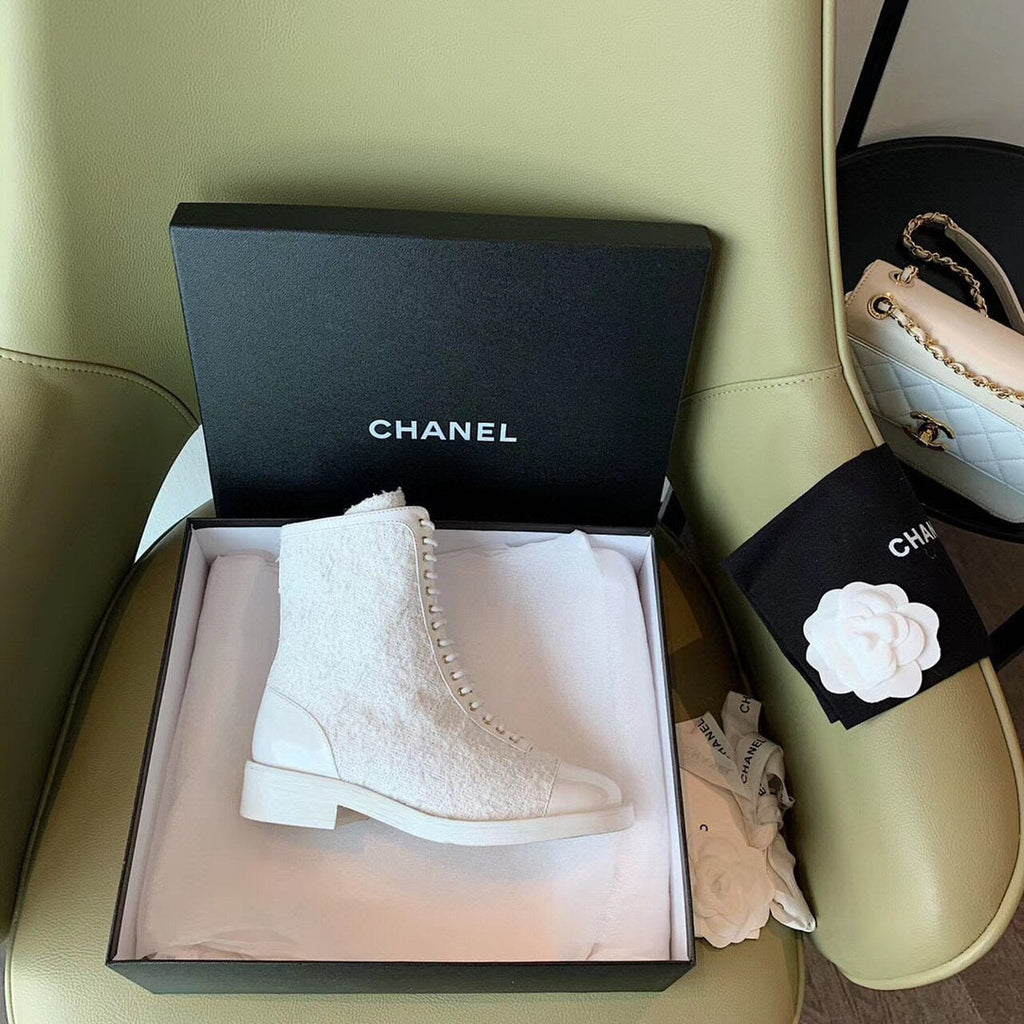 Chanel Tweed Lace Up Combat Boots Calfskin Leather Spring/Summe Collection, White