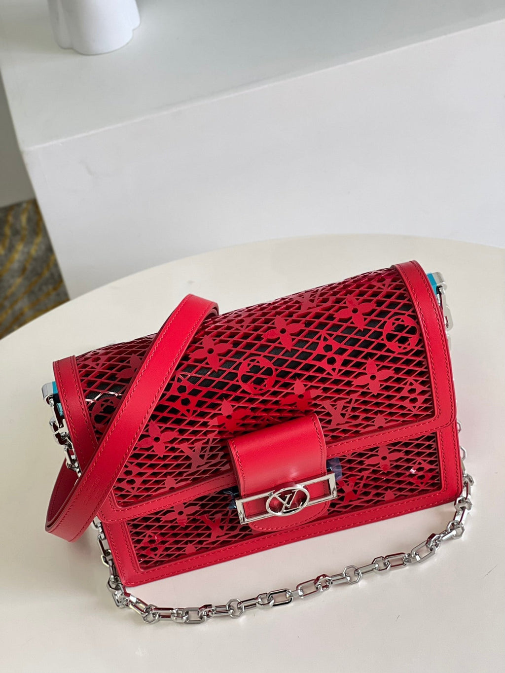 Louis Vuitton Mini Dauphine Bags By Nicolas Ghesquière With Monogram Lace Red For Women 20cm LV M20359