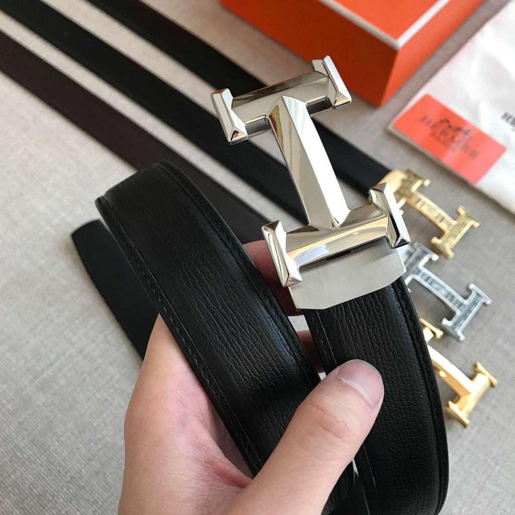 Hermes H Belt Buckle & Leather Strap Black