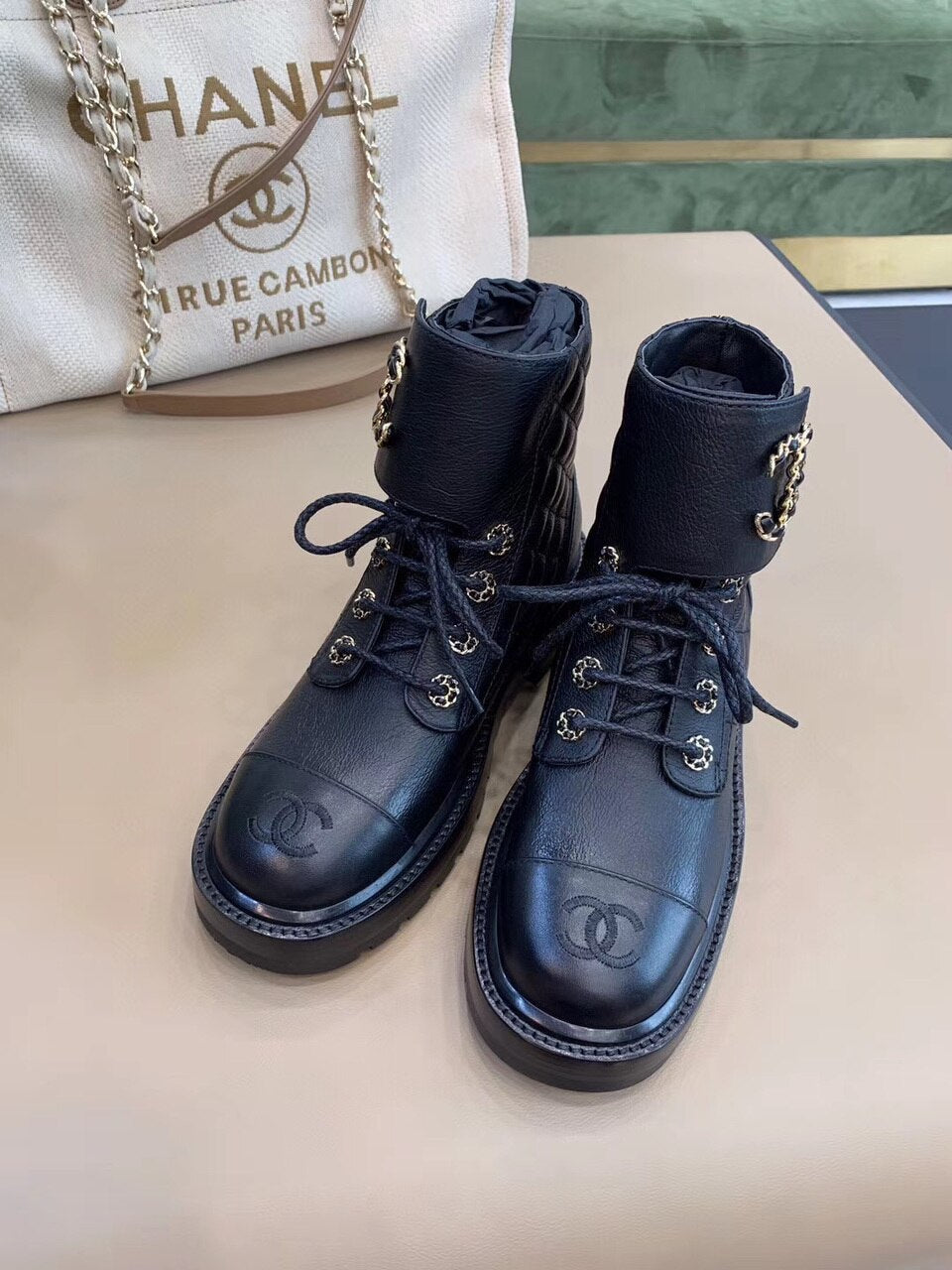 Chanel Quilted CC Lace Up Boots Lambskin Leather Spring/Summer Collection, Black