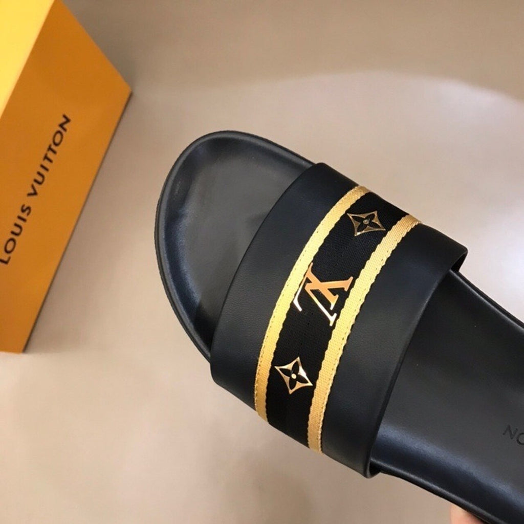 Louis Vuitton Single Strap Mules Mens Sandals Canvas Spring/Summer Collection Black/Gold