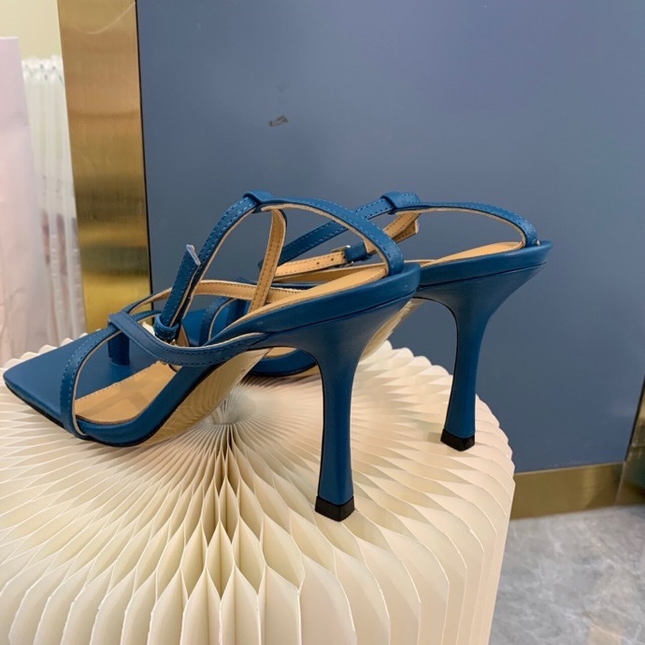 Bottega Veneta Stretch Sandals 9cm Heel Lambskin Leather Spring/Summer 2020 Collection, Navy Blue
