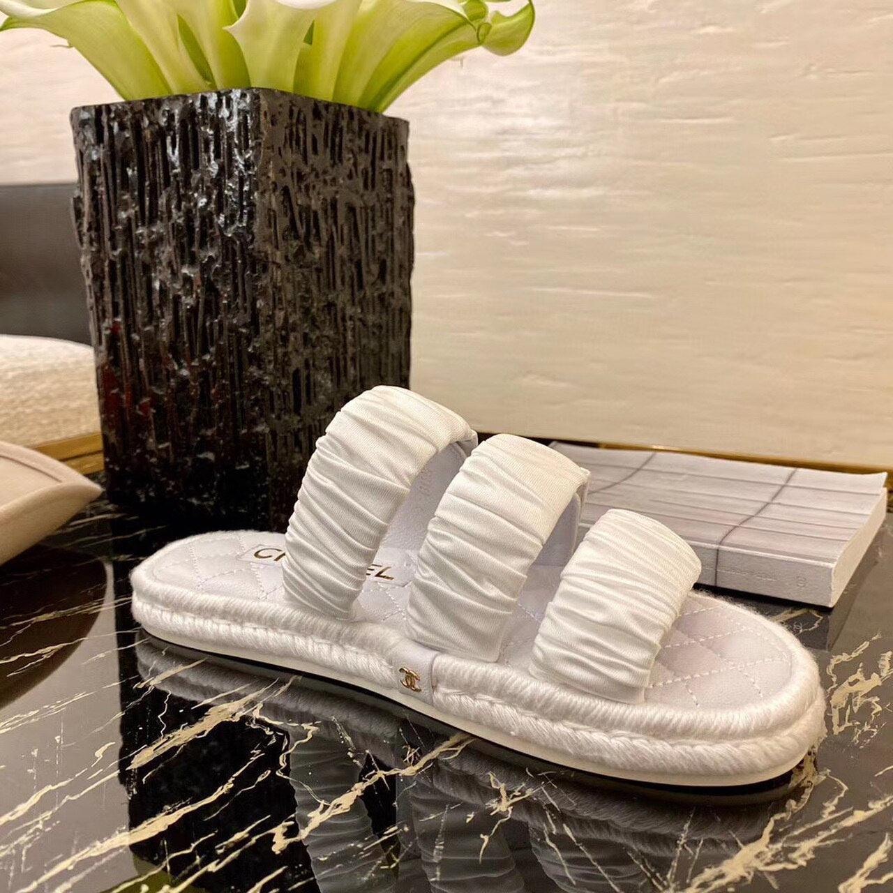 Chanel Ruched Mule Sandals Calfskin Leather Spring/Summer Collection White
