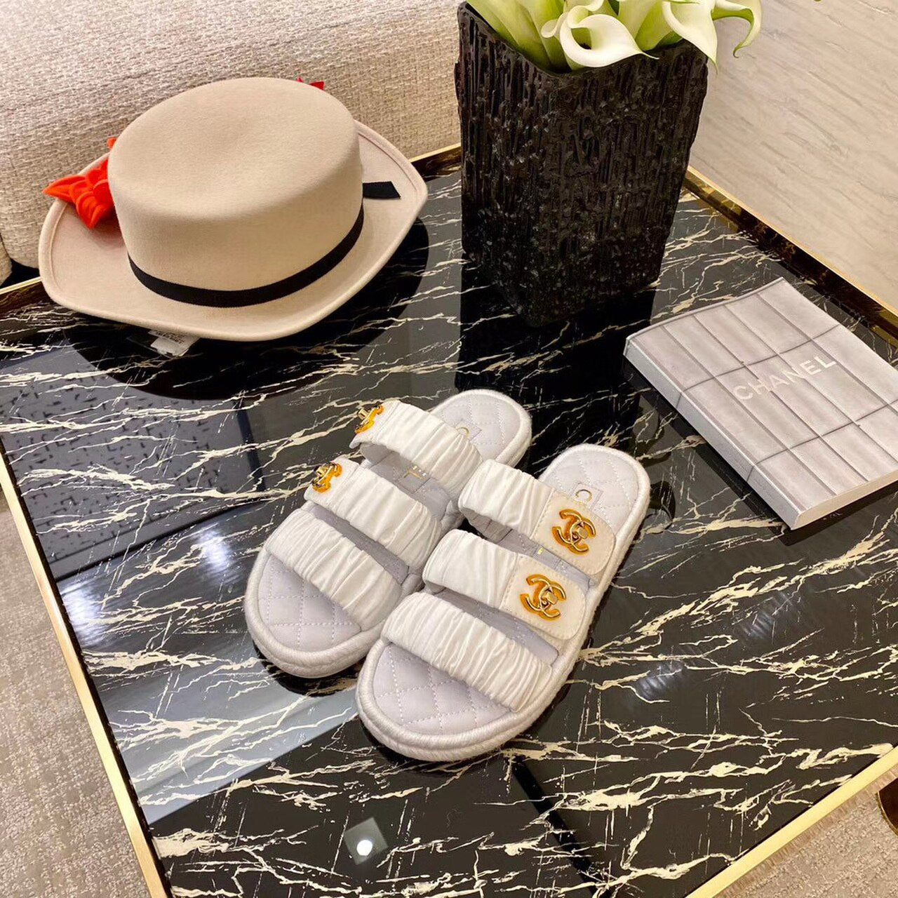 Chanel Ruched Mule Sandals Calfskin Leather Spring/Summer Collection White