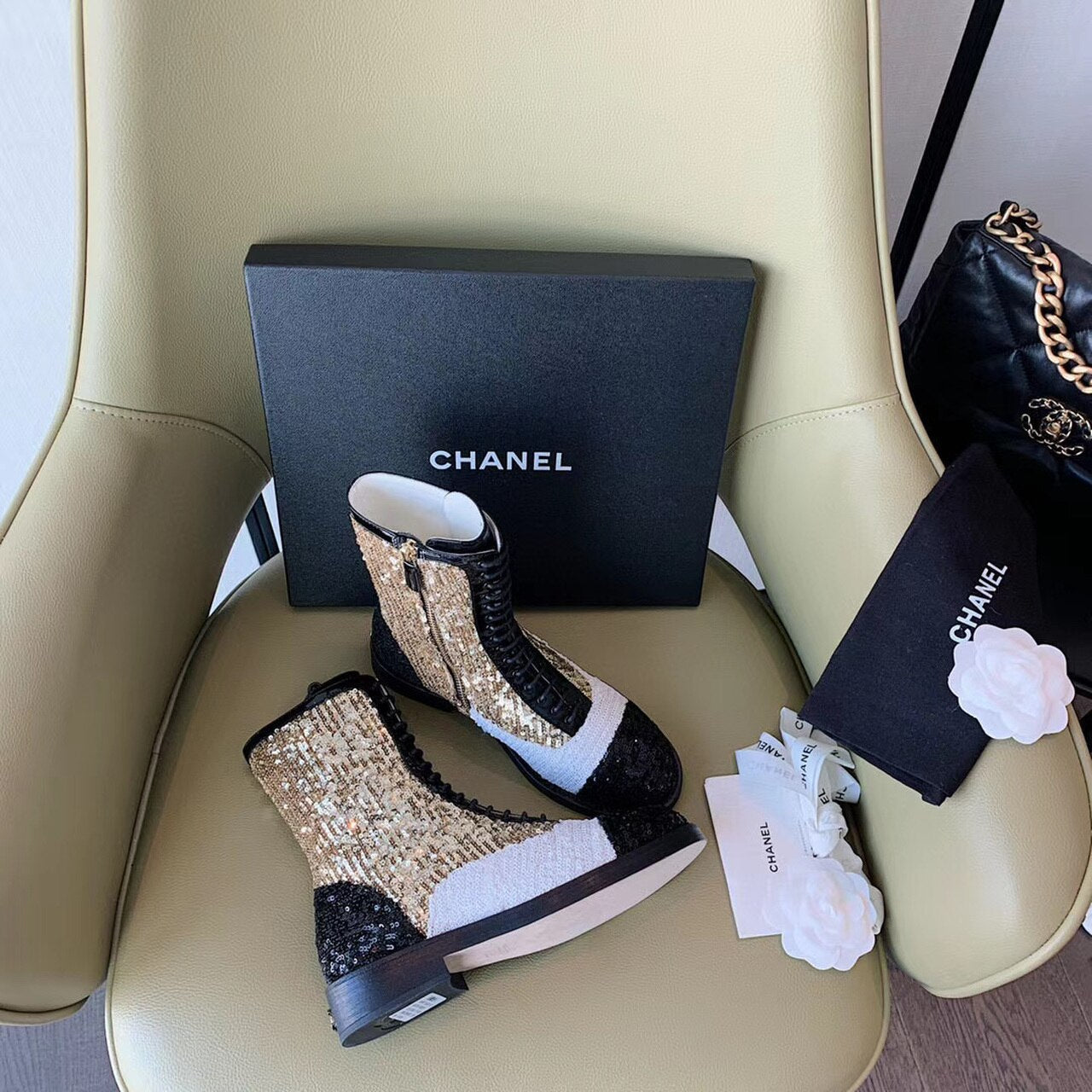 Chanel Sequin/Tweed Lace Up Combat Boots Calfskin Leather Spring/Summer Collection White/Black/Gold
