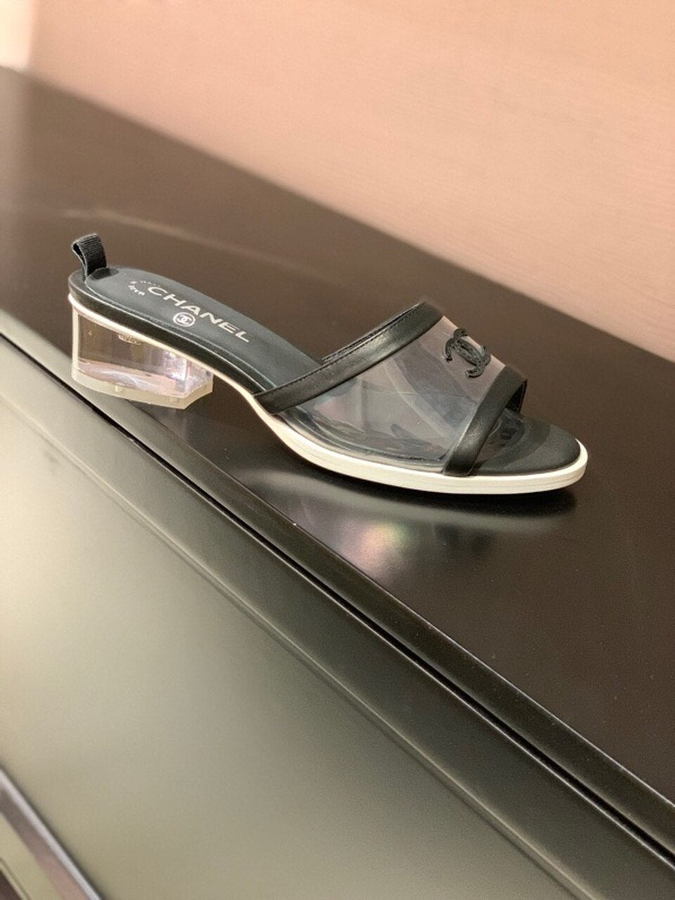 Chanel Logo Transparent PVC Mules Lambskin Leather Spring/Summer Collection Black