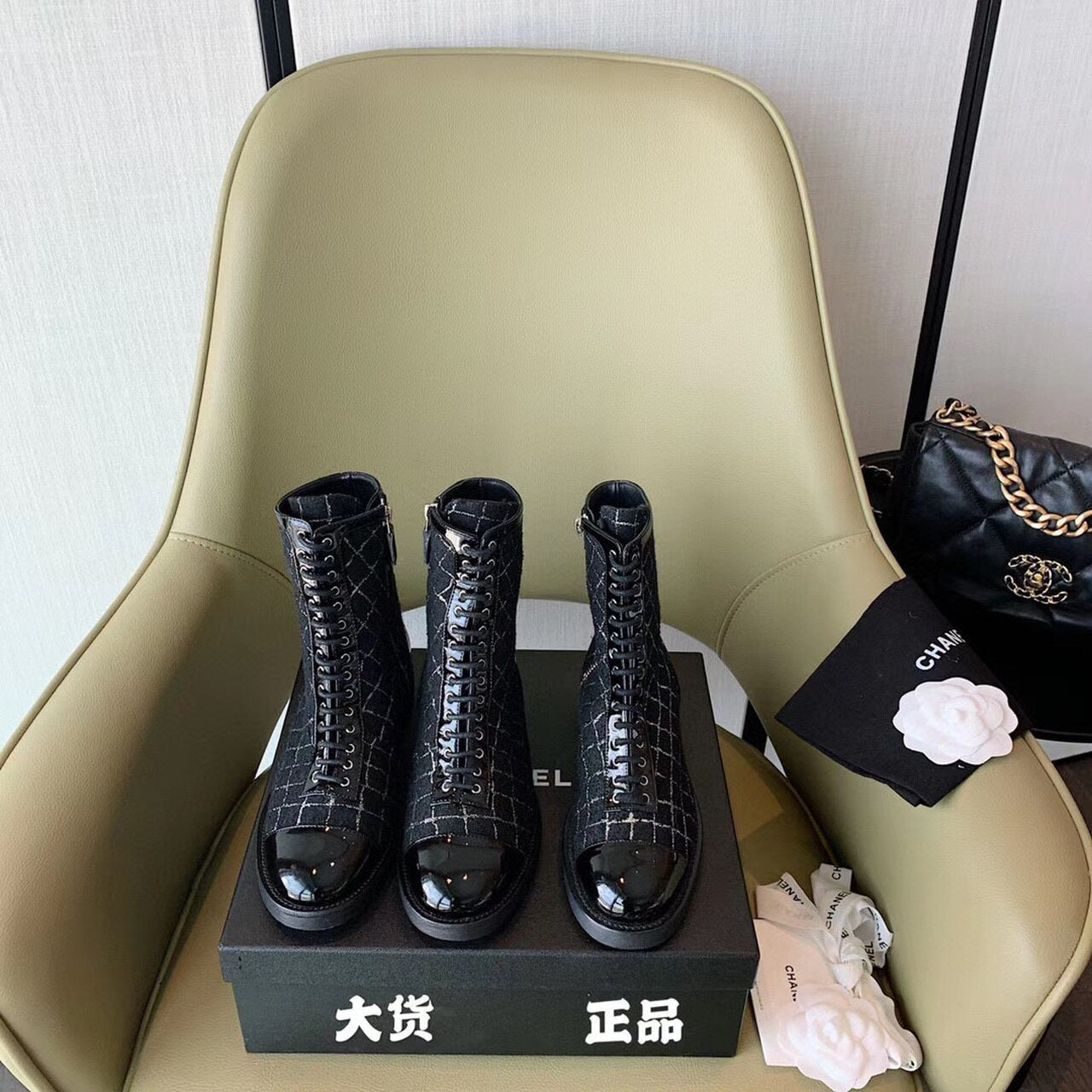 Chanel Tweed Lace Up Combat Boots Calfskin Leather Spring/Summer Collection, Black