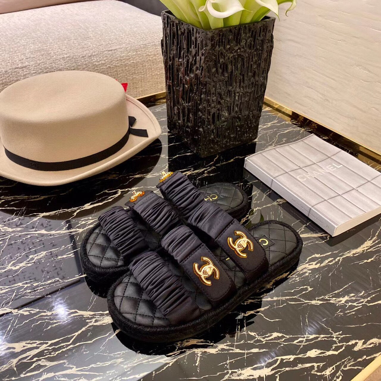 Chanel Ruched Mule Sandals Calfskin Leather Spring/Summer Collection Black