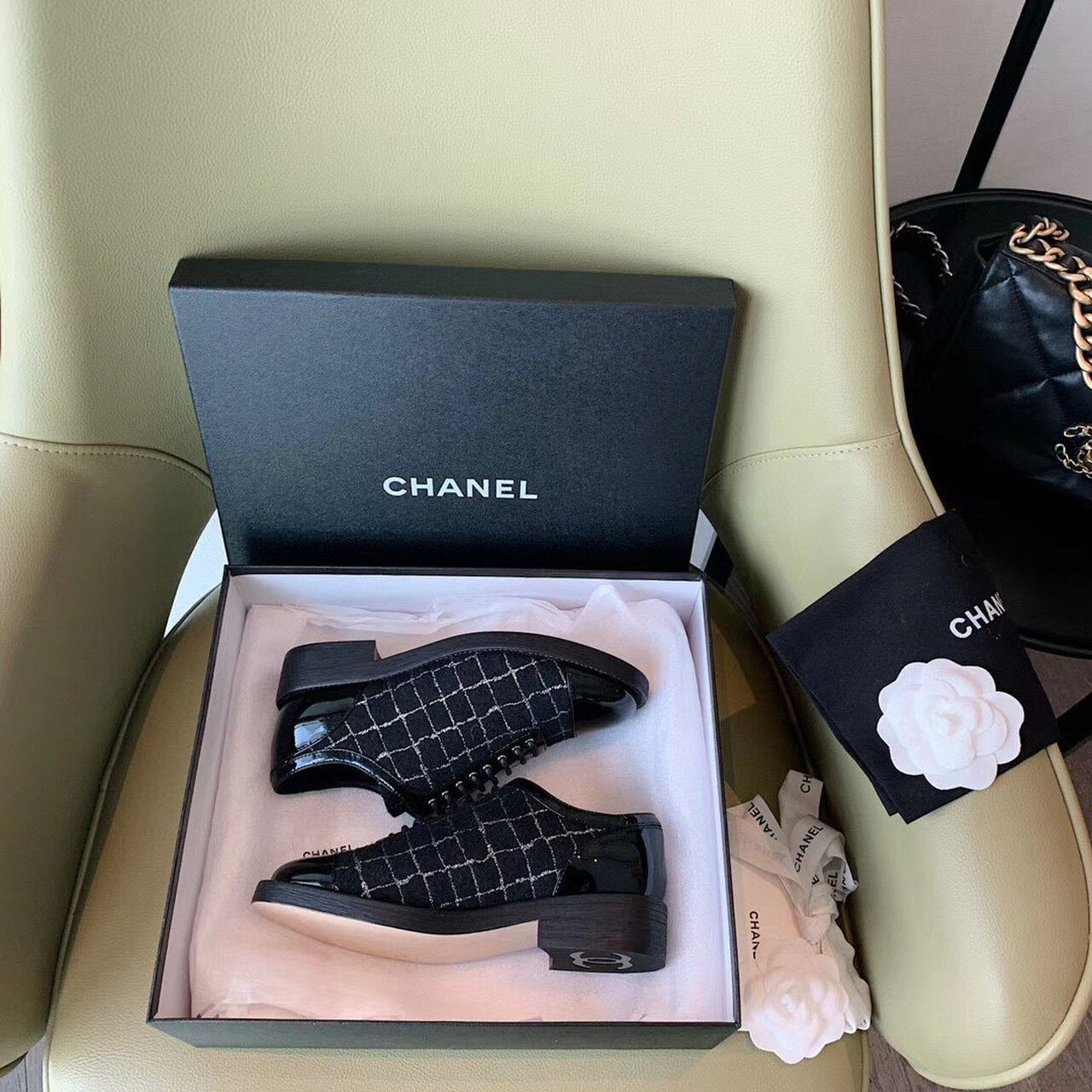 Chanel Tweed Lace Up Shoes Calfskin Leather Spring/Summer Collection Black