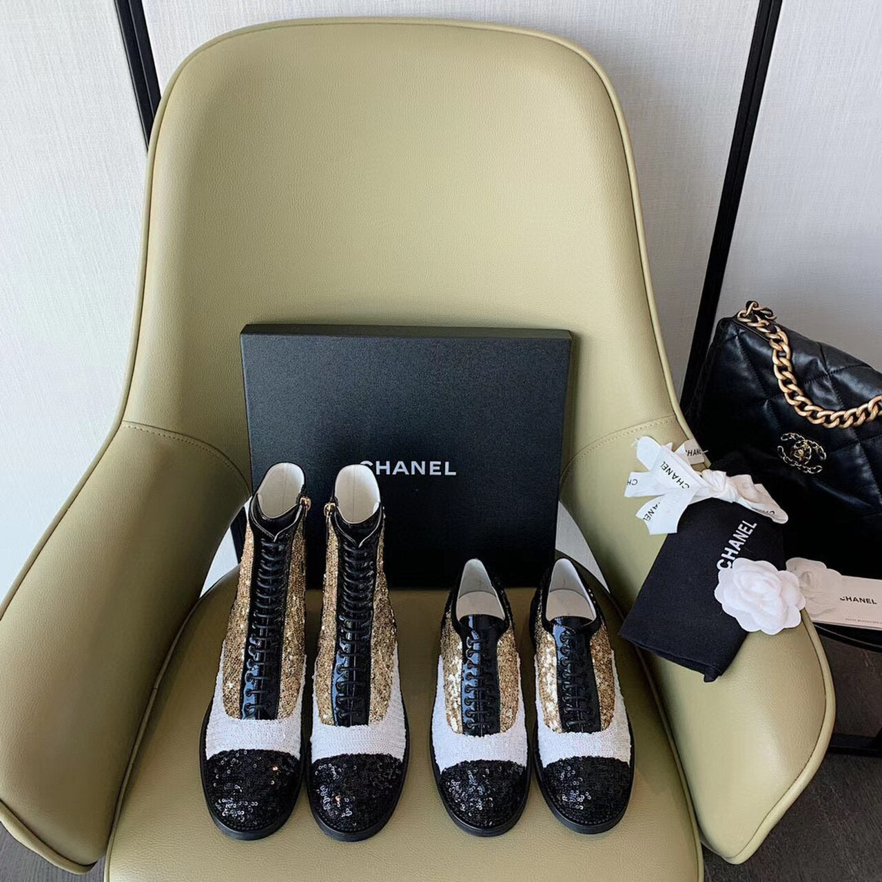 Chanel Sequin/Tweed Lace Up Combat Boots Calfskin Leather Spring/Summer Collection White/Black/Gold