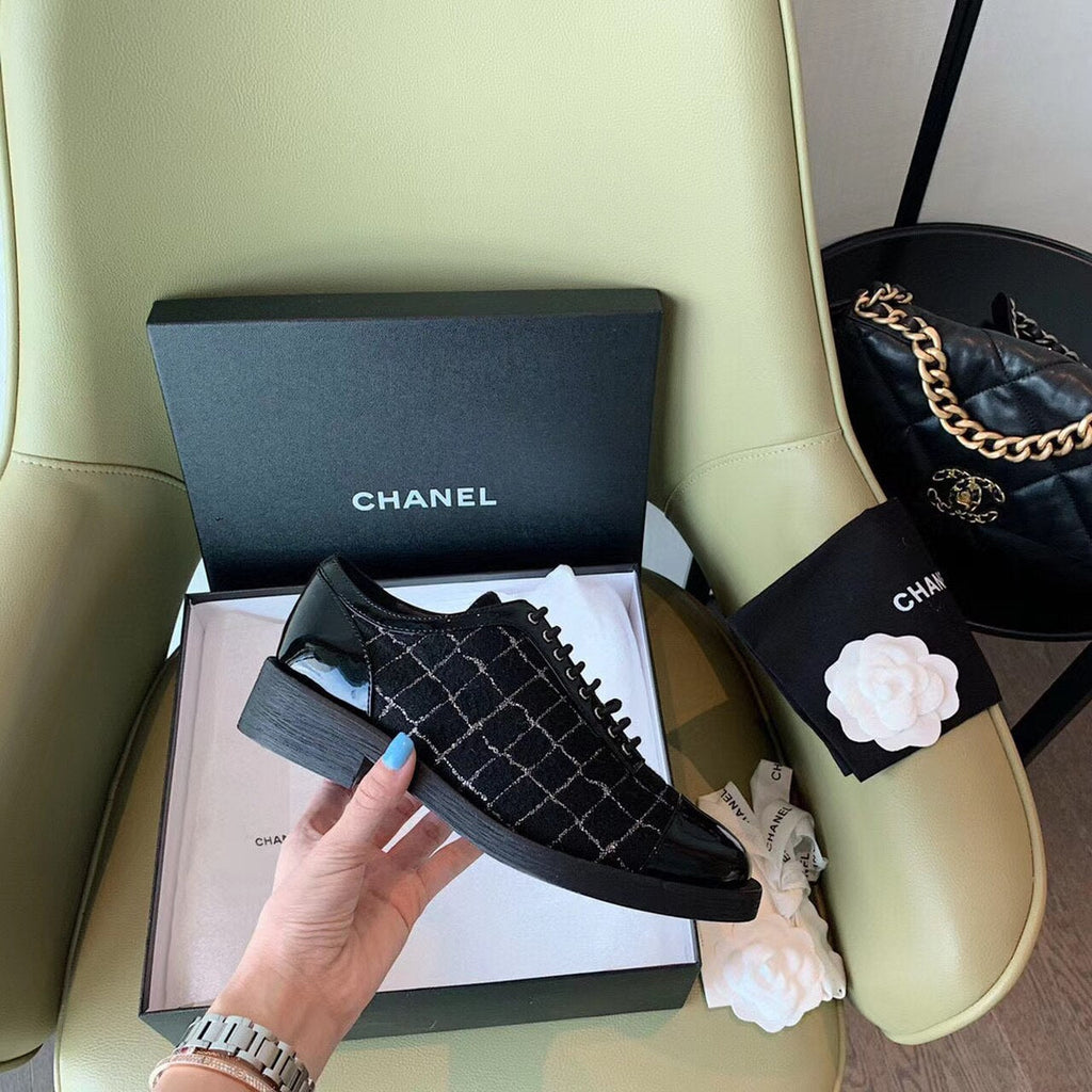 Chanel Tweed Lace Up Shoes Calfskin Leather Spring/Summer Collection Black
