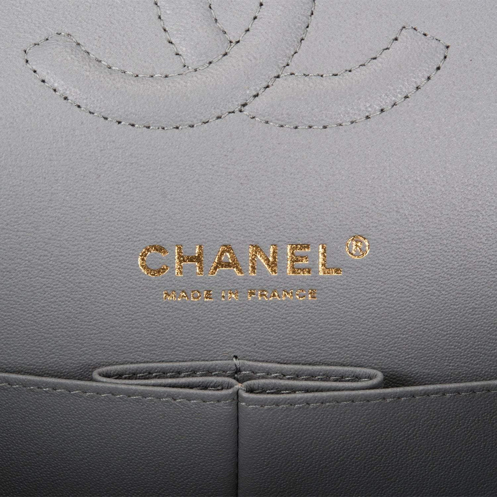 Chanel Shiny Grey Quilted Caviar Medium Classic Double Flap Bag Light Gold Hardware