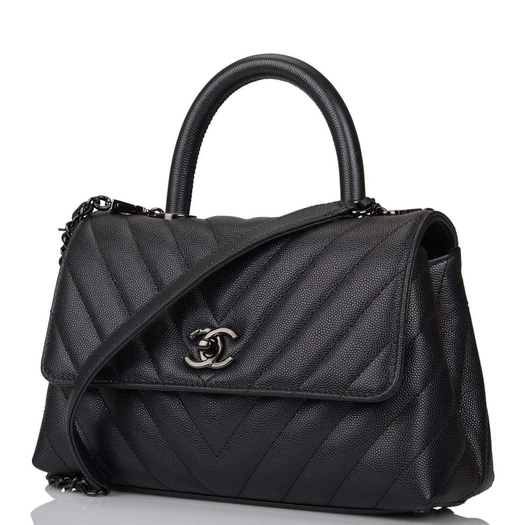 Chanel SO Black Chevron Caviar Mini Coco Handle Flap Bag Black Hardware