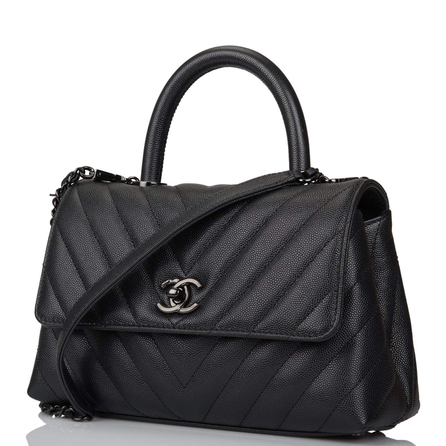 Chanel SO Black Chevron Caviar Mini Coco Handle Flap Bag Black Hardware