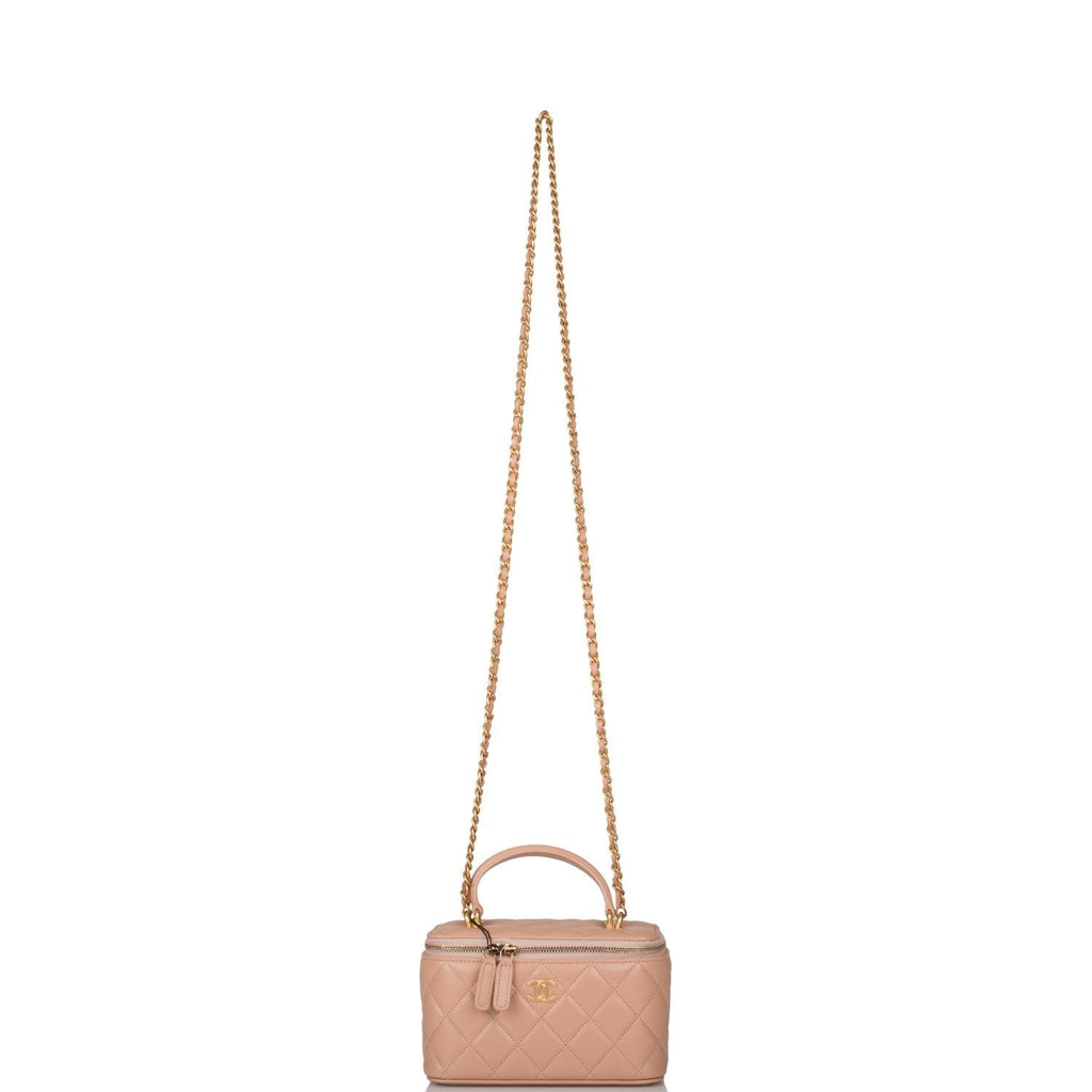 Chanel Beige Quilted Lambskin Small Top Handle Vanity Bag Antique Gold Hardware